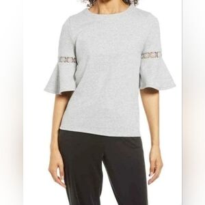 Everleigh Heather Gray Lace Accent Bell Sleeve Cotton Blend Knit Top Size L